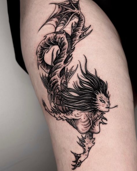 Sea Monster Tattoo Mythical Creatures, Scylla Tattoo, Sea Creature Tattoo Ideas, Apollo Tattoos, Fossil Tattoo, Gore Tattoo, Apollo Tattoo, Popular Tattoo Designs, Orca Tattoo