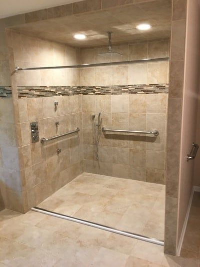 Accessible & Roll-in Showers Installed | Lifeway Mobility Wheelchair Accessible Shower, Shower Wheelchair, Roll In Showers, Accessible Bathroom Design, Disabled Bathroom, Ada Bathroom, Accessible Bathroom, Shower Installation, Bathroom Remodel Shower