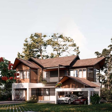 Tropical style house Tropical Luxury House, Kerala Traditional House, Kerala Home Design, Sloping Roof, Kerala Home, Modern Tropical House, Tropical Luxury, Tropical House Design, Contemporary House Exterior