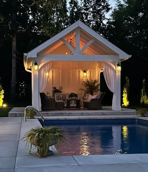 Install a mounted TV, sound system, or projector for movie nights.
Include a wet bar and beverage cooler.
Use multi-functional furniture, like ottomans with storage, for added utility.
Recommended Hashtags
General: #PoolHouseGoals #CabanaDesign #BackyardLuxury
Specific Themes:
Outdoor Kitchens: #OutdoorKitchenIdeas #PoolsideDining #GrillAndChill
Modern Design: #MinimalistBackyard #ModernCabana #SleekSpaces
Tropical Vibes: #TropicalEscape #ExoticBackyard #LushLiving Simple Pool Cabana, Pool Gazebo Ideas Cabanas, Cabana Ideas Backyard, Pool House With Outdoor Kitchen, Modern Pool Cabana, Cabana Poolside, Cabana Ideas, Pool House Ideas, Backyard Pool House