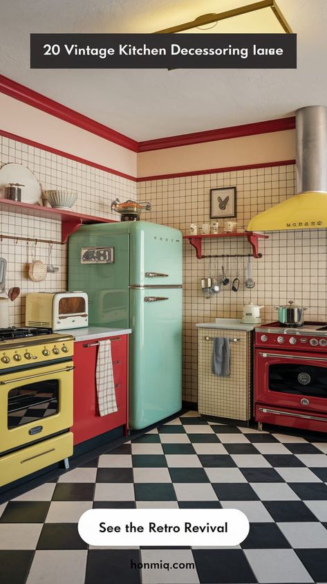 20 Vintage Kitchen Decorating Ideas: Old Home Decor Unveiled   Breathe new life into your kitchen with old home decor ideas that celebrate history and create a warm, welcoming environment. #OldHomeDecor #CelebrateHistory 1940s Kitchen Vintage, Retro Diner Kitchen Ideas, 1920s Kitchen Original, Retro Kitchen Ideas Vintage, 1950 Home Decor, Retro Diner Kitchen, Vintage Kitchen Decor Ideas, 1940 Kitchen, Vintage Yellow Kitchen