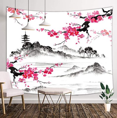 Japanese Tapestry, Japanese Wall Decor, Blanket On Wall, Mountain Tapestry, Japanese Watercolor, Flower Tapestry, Tapestry Bedroom, Japanese Wall Art, Japanese Wall