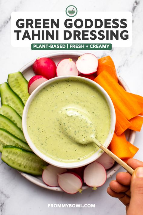 This Green Goddess Tahini Dressing is creamy, herby, and goes with just about anything! BONUS: It’s ready in under 5 minutes! Vegan, Gluten-Free, & Nut-Free. Green Goddess Dressing Recipe, Goddess Salad Dressing, Tahini Salad Dressing, Goddess Dressing Recipe, Green Goddess Salad Dressing, Green Goddess Salad, Goddess Salad, Tahini Recipe, Goddess Dressing