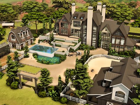 Homes Sims 4, House With Stables, Rich Neighborhood, No Cc Sims, Luxury Ranch House Plans, Modern Ranch Style Homes, Sims 4 Modern House, Sims 4 House, Modern Ranch House