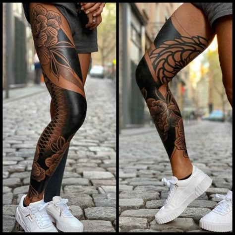 Full Leg Tattoos Women Sleeve, Tattoo Bein Frau, Tatoo 3d, Full Leg Tattoos, Blackout Tattoo, Tattoed Women, Geometric Tattoos, Tattoos Geometric, Leg Tattoos Women