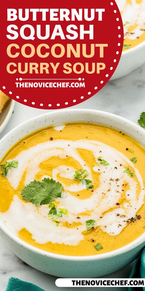 This creamy coconut curry soup is made with butternut squash, coconut milk, and a ton of flavorful spices. You can't have just one bowl! It's the perfect recipe for everyday lunches or your holiday menus. Make it for your family and they'll ask for it every year! Coconut Curry Butternut Soup, Squash Coconut Soup, Curry Squash Soup With Coconut Milk, Curried Squash Soup With Coconut Milk, Butternut Coconut Curry Soup, Butternut Curry Squash Soup, Thai Curry Butternut Squash Soup, Acorn Squash Curry Soup, Ginger Butternut Squash Soup