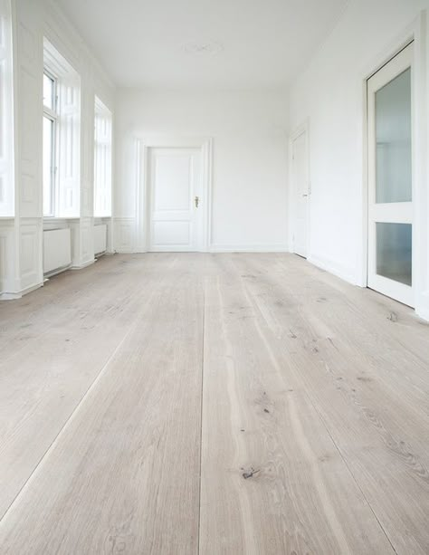 Amazing space  white walls  whitewashed wood floors.   WHITE White Washed Pine, White Washed Floors, White Oak Floors, Wooden Floors, Pine Floors, Empty Room, Whitewash Wood, Wide Plank, Style At Home