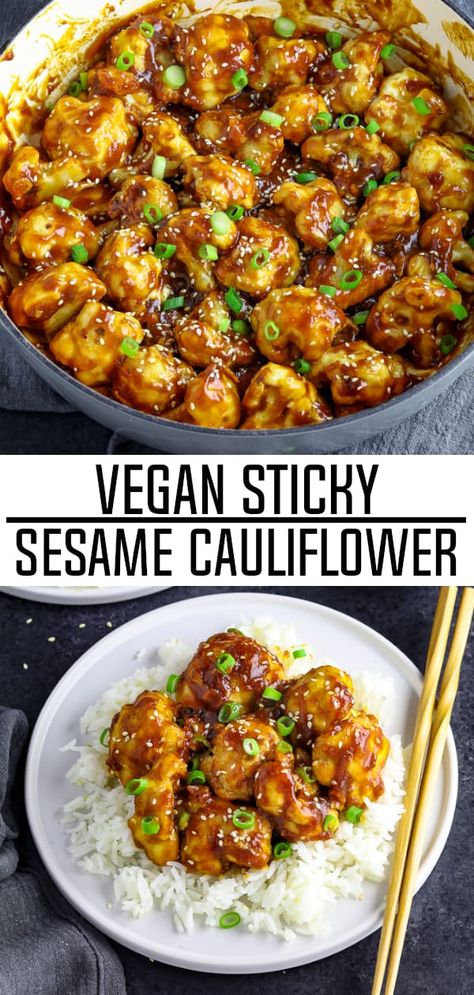 Skip the takeout and make a lighter version at home. This Sticky Sesame Cauliflower is battered and baked to perfection then smothered in a spicy, sticky-sweet sauce. It's heavenly! #sesamecauliflower #veganfood #takeoutinspired Low Fat Vegetarian Recipes, Korean Vegetarian Recipes, Sesame Cauliflower, Sticky Sesame Cauliflower, Vegetarian Recipes For Beginners, Vegetarian Recipes Lunch, Vegetarian Crockpot Recipes, Makanan Diet, Crock Pot Recipes