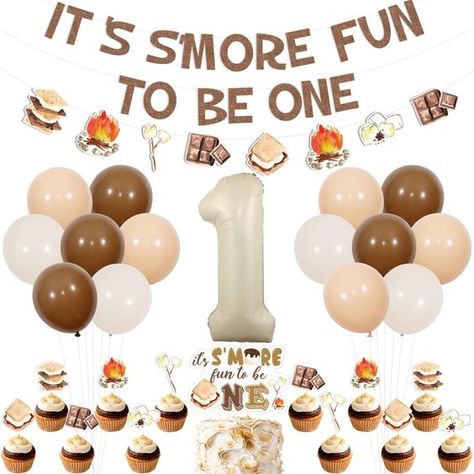 PRICES MAY VARY. S'more 1st Birthday Party Decorations: Package includes 18*12 inches latex balloons, 1 “IT’S S’MORE FUN TO BE ONE” birthday banner, 1 S'more themed garland, 1 “it’s S’MORE fun to be ONE” cake topper, 12 S'more themed cupcake toppers, 1*32 inches number 1 foil balloon and 2 white ribbons 33ft. Unique Design: This S'more 1st birthday decorations are designed as letters “It’s S’more Fun to Be One”, which is matched with lovely s’more themed patterns, such as marshmallow, bonfire, c One Year Old Fall Birthday Party Boy, It’s Smore Fun Being One, It's S'more Fun To Be One, Fall First Birthday Party Ideas, Marshmallow Bonfire, Boys First Birthday Party Ideas Themes, November Birthday Party Ideas, One Year Birthday Party Ideas, Fall Birthday Party Ideas