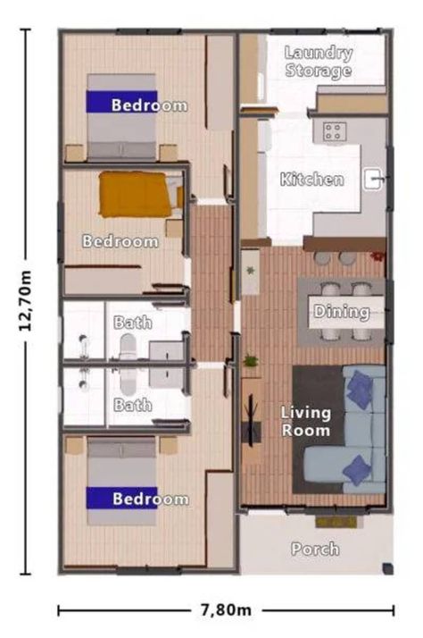 Rectangular House Plans, 3 Room House Plan, Rectangular House, 3 Bedroom House Plans, House Plans With Pictures, Narrow Lot House, Narrow Lot House Plans, Free House Plans, Simple House Design