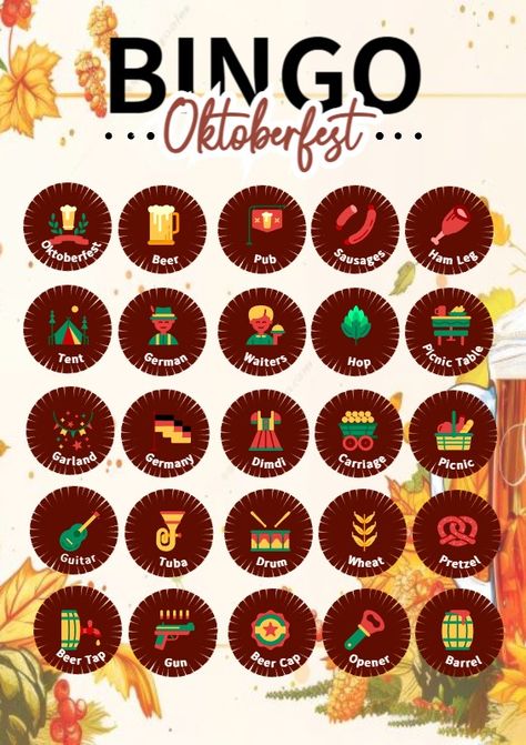 Celebrate Oktoberfest with our fun and festive bingo party template! This ready-to-use template features delightful designs with traditional Oktoberfest elements like pretzels, beer, and festive costumes. Perfect for parties with friends, family gatherings, or office celebrations. Simply print and play! Make your Oktoberfest event memorable with this exciting and easy-to-play bingo game.
#oktoberfest #oktoberfestbingo #bingotemplate #oktoberfestparty #oktoberfestgames #bingoparty Oktoberfest Games, Bingo Party, Bingo Template, Oktoberfest Party, Party Template, Beer Pub, Beer Caps, Beer Taps, Beer Opener