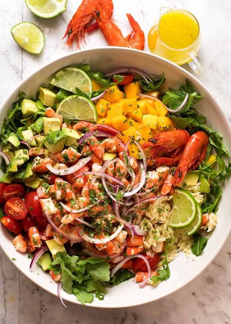 Prawn Mango Avocado Summer Salad with Lime Dressing overhead photo Prawn Salad Dressing, Prawn And Mango Salad, Prawn Mango Avocado Salad, Prawn Salad Recipe, Prawn And Avocado Salad, Salad With Lime Dressing, Tin Eats, Prawn Salad, Grilled Prawns