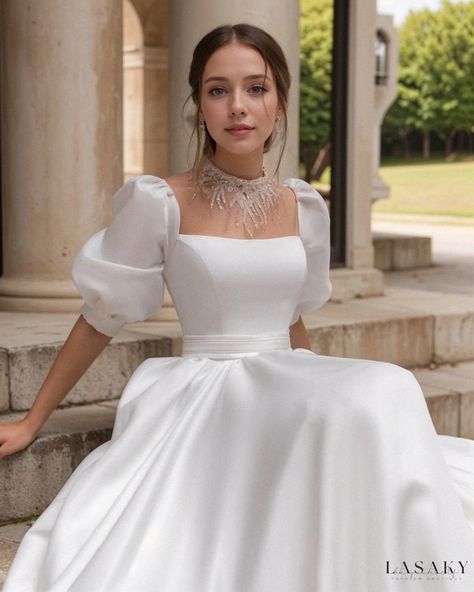 Minimalistic Wedding Dress, Minimalistic Wedding, Satin Bridal Gowns, Princess Skirt, Short Sleeve Dress Shirt, Bubble Sleeve, Wedding Dress Styles, Bridal Gown, Dress Styles