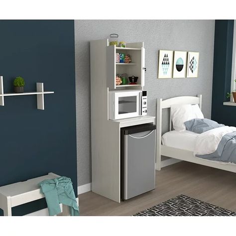 Millwood Pines Nelms 72'' Kitchen Pantry & Reviews | Wayfair Micro Fridge Cabinet, Office Mini Fridge Station, Mini Fridge Microwave Cabinet, Mini Fridge And Microwave Cabinet, Tiny Room Storage Ideas, Hidden Mini Fridge In Bedroom, Mini Kitchen In Bedroom, Mini Fridge Cabinet, Remodeling Room