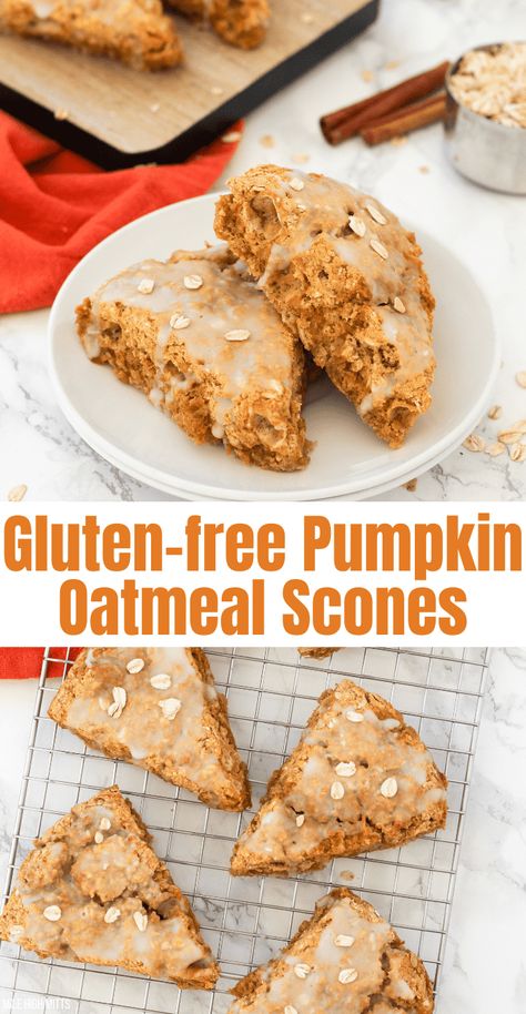 These gluten-free Pumpkin Oatmeal Scones are a healthier and fun twist on classic scones, Fall style. They're made with pumpkin puree, pumpkin pie spices, and instant/quick cooking oats. Topped with a vanilla glaze, they're great for weekend breakfast, brunch, or even a light treat! Paleo Fall Recipes, Gluten Free Overnight Oats, Classic Scones, Puree Pumpkin, Oatmeal Scones, Oat Scones, Easy Breakfast Smoothies, Scones Ingredients, Gluten Free Granola