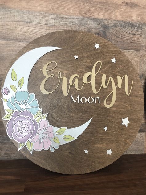 Celestial Boho, Wooden Ideas, Princess Parties, Wood Block Crafts, Personalized Wooden Signs, Moon Nursery, Flower Moon, Wooden Name Signs, Girl Sign