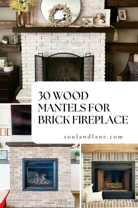 Infuse your living space with warmth and character by integrating timeless wood mantels into your brick fireplace designs. Choose a solid wood mantel with a natural finish to accentuate the rustic charm of red or white brick, creating a focal point that's both inviting and stylish. For a more refined look, opt for a painted wood mantel that contrasts beautifully with the brickwork, enhancing the fireplace's architectural details. Customize the mantel decor with family heirlooms, vintage finds, o Wood Mantle Fireplace, Red Brick Fireplaces, White Brick Fireplace, Black Candlesticks, Brick Hearth, White Mantel, Wooden Mantel, Wood Mantel, Wood Mantle