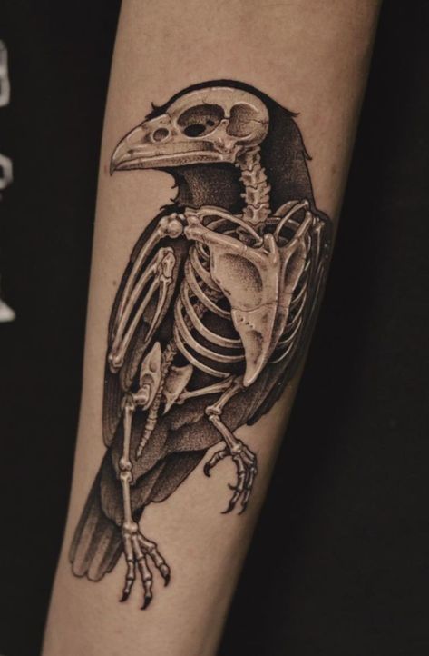 Weird Dark Tattoos, Dark Bird Tattoo, Edgy Tattoos Grunge, Bird Skull Tattoo, Optical Illusion Tattoo, Bone Tattoos, Wicked Tattoos, Skeleton Tattoos, Raven Tattoo