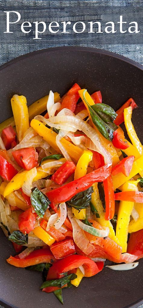 Peperonata ~ Italian bell pepper, onion, tomato sauté, with garlic, ground oregano, and fresh basil. ~ SimplyRecipes.com Bbq Brats, Sautéed Peppers, Thanksgiving Recipes Side Dishes Easy, Spinach Gratin, Red Chard, Fried Peppers, Sauteed Peppers And Onions, Easy Summer Side Dishes, Thanksgiving Side Dishes Easy