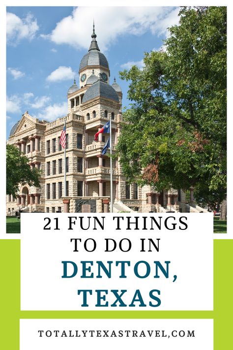 If you are looking for things to do in Denton, Texas, then check out this post. We have outlined 21 fun things to do in Denton. We have included shopping, outdoor activities, local museums and parks, and more. This is a great small town in Texas to visit! Texas travel | Travel guide | Travel tips | Texas outdoors Travel To Texas, Plano Tx Things To Do In, Killeen Texas Things To Do In, Woodlands Texas Things To Do, Texas Trips Bucket Lists, Texas Weekend Getaways, Texas Travel Guide, Texas Destinations, Visit Texas