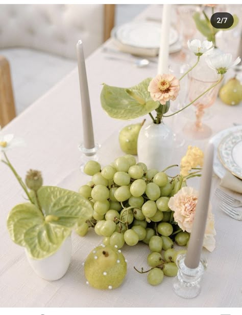 Fruit As Decor Wedding, The Perfect Pear Bridal Shower Theme, Grapes Wedding Decor, Pink Green Wedding Theme, Grape Wedding Theme, Fruit Centerpieces Wedding, Round Table Centerpieces Wedding, Chartreuse Wedding, Hmong Wedding