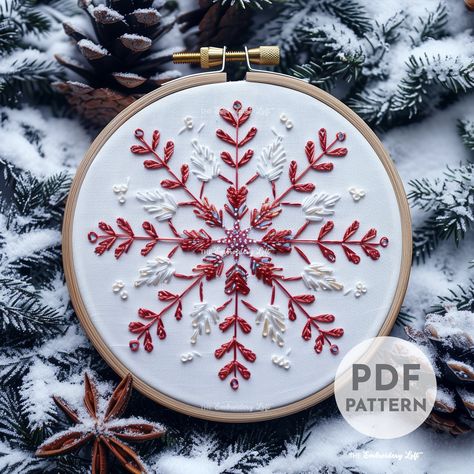 Red and White Snowflake Hand Embroidery Pattern, Winter Design, Christmas Embroidery Pattern, Snowflake Design, Hand Embroidery Pattern PDF - Etsy Russian Embroidery Traditional, Yule Embroidery Pattern, Vintage Christmas Embroidery Patterns, Small Christmas Embroidery Patterns, Embroidery Snowflake Patterns, Hand Embroidery Christmas Ornaments, Winter Embroidery Patterns, Beginner Embroidery Patterns, Free Christmas Embroidery Patterns