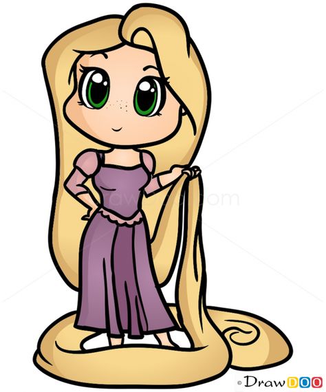 How to Draw Rapunzel, Chibi How To Draw Rapunzel, Rapunzel Drawing, Chibi Disney, Disney Doodles, Kawaii Disney, Cute Disney Drawings, Disney Princess Drawings, Princess Drawings, Disney Rapunzel