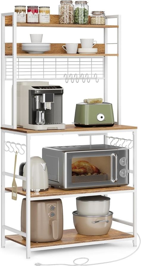 Amazon.com - VASAGLE Hutch Bakers Rack with Power Outlet, 14 Hooks Microwave Stand, Adjustable Coffee Bar with Metal Wire Panel, Kitchen Storage Shelf, 15.7 x 31.5 x 66.9 Inches, Rustic Walnut and White UKKS025W41 - Standing Baker's Racks Baker's Rack, Coffee Area, Storing Spices, Microwave Stand, Coffee Bar Design, Spacious Kitchen, Kitchen Storage Shelves, Bakers Rack, Future Room