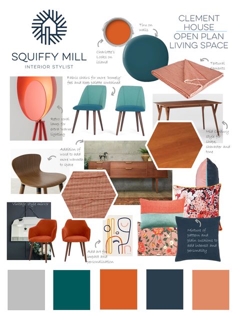 A concept board created for a client who wanted her open plan living space to be bold and colourful. Patterns, texture and rich wood tones add warmth and interest in this teal, orange and apricot scheme. Paint Colours For Open Plan Living, Open Plan Living Colour Schemes, Teal And Orange Interior Design, Orange Teal Living Room, Teal And Burnt Orange Living Room, Open Plan Colour Scheme, Teal Sofa Colour Scheme, Teal Couch Living Room Colour Schemes, Living Room Mood Board Colour Schemes