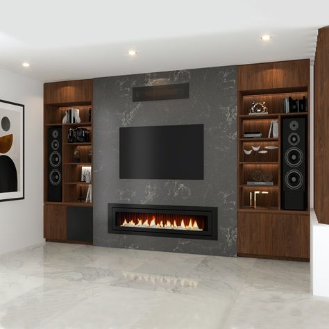 Tv With Speakers Living Rooms, Fireplace Tv Wall With Speakers, Tv Wall With Speakers, Living Room With Speakers, Tv Wall Design With Speakers, Wall Speakers Living Room, Wood Heater Tv Wall, Media Wall Built In Speakers, Built In Tv Wall Unit Dark Wood