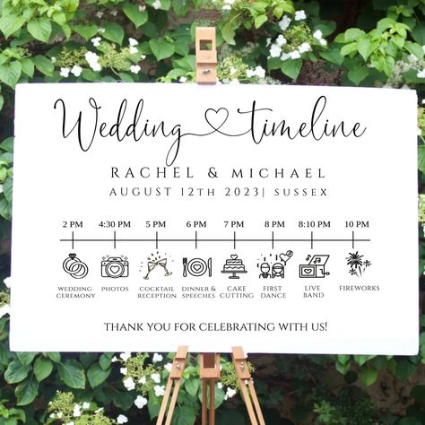 Wedding Timeline I Wedding Itinerary I Wedding Sign I Wedding Order of Events Sign I Timeline Template Weddings are all about the little details that make your day unique. This printable wedding sign is perfect for your wedding day to let guests know the order of events and make sure they don't miss any important moments like your first dance or when the late night buffet begins. The template features a script-style font and a black outline heart, making it stylish and contemporary. This listing 4:00 Wedding Timeline, Wedding Itenary Board, Wedding Guest Timeline, Wedding To Do, Wedding Itinerary For Guests, Trendy Wedding Decor, Wedding Itinerary Sign, Order Of Wedding, Black Outline Heart