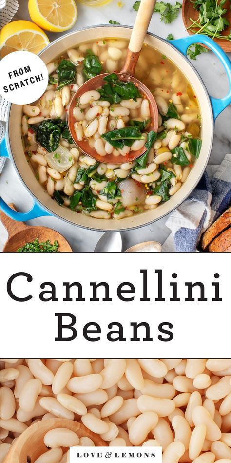 This easy cannellini beans recipe is a healthy, inexpensive, and delicious one-pot meal! Serve it with crusty bread for sopping up the flavorful broth. Vegan. | Love and Lemons #beans #onepot #healthy #vegan Beans And Greens Recipe, White Beans And Greens, Easy Beans, Kohlrabi Slaw, Creamy White Beans, Cannellini Beans Recipes, Beans And Greens, Cooking Dried Beans, Healthy Vegetarian Dinner