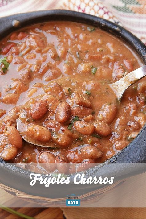 The ideal potluck or cookout dish is one that is easy to make in bulk and inexpensive, and doesn't degrade with extended heating or reheating.I nominate frijoles charros—Mexican cowboy beans cooked with onions, garlic, tomatoes, salted pork, and chilies—as one superlative potluck dish. It not only hits all of those criteria but also adds on "extremely delicious" for good measure. Mexican Pinto Beans, Cookout Dishes, Mexican Cowboy, Beans With Bacon, Cowboy Beans, Potluck Dishes, Mexican Cooking, Hispanic Food, Beans Recipe