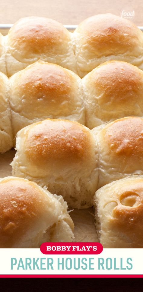 Recipe of the Day: Bobby Flay's Parker House Rolls 😋 If you're up for a baking project, you'll find that this fluffy, buttery bread is well worth your time. Parker House rolls are a classic American dish — "the perfect dinner roll," in Bobby's opinion. Though they take a few hours to make from scratch, the process is straightforward. Once your guests get a taste, you'll be returning to this recipe again and again. Large Batch Rolls, Alex Guarnaschelli Parker House Rolls, Lunch Room Rolls, Bobby Flay Parker House Rolls Recipe, Butter Dinner Rolls Recipe, Joanna Gaines Dinner Rolls, Easy Parker House Rolls Recipe, Bobby Flay Parker House Rolls, Parker House Rolls Pioneer Woman