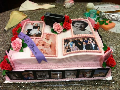 Cake made for a friend's mom's 75th birthday - pictures from her life surround the entire thing 75th Birthday Cakes, Birthday Ideas Men, Decorate With Photos, 75th Birthday Ideas, 90th Birthday Ideas, Picture Display Ideas, Birthday Plan Ideas, Birthday Dinner Ideas, Mum Cake