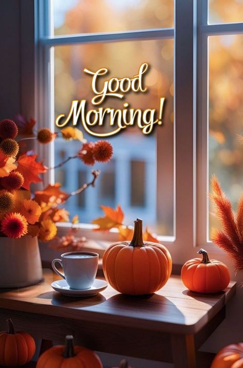 Cozy Morning Quotes, Good Morning Halloween Images, Good Morning Autumn Images, Good Morning Fall Coffee, Autumn Good Morning, Good Morning Fall, October Morning, Happy Day Quotes, Good Morning Coffee Gif