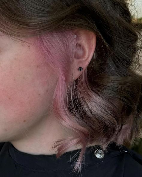 pops of pink💗 we love a little peekaboo highlight! how do you feel about getting little pops of color? Comment below👇🏻 #hairstylist #pinkhairgoals #boonenc #appstate #peekaboo Brown With Pink Peekaboo, Peekaboo Pink Hair Dark Brown, Baby Pink Peekaboo Hair, Pink Strand In Brown Hair, Hidden Pink Hair, Baby Pink Highlights In Brown Hair, Brown Hair Peekaboo Highlights, Light Pink Peekaboo Hair, Pink Strands In Brown Hair