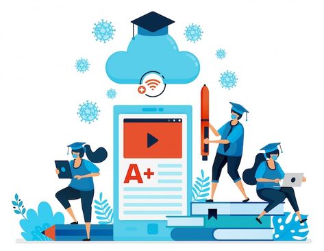 Illustration of new normal education and... | Premium Vector %23Freepik %23vector %23distance %23course %23book-online %23social-distance Mobile App Poster, App Poster, Library App, Landing Page Website, Cartoon Clouds, Banner Designs, Online Training Courses, School Banner, Learning Apps