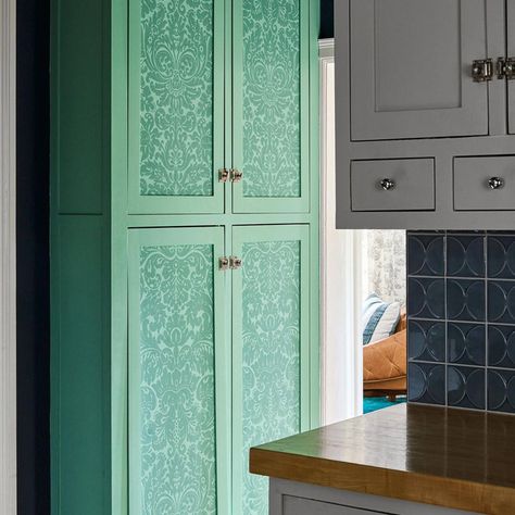 Pantry Cabinet Doors Ideas, Pantry Door Upgrade, Wallpaper On Cabinet Doors, Wallpaper Cabinet Doors, Kitchen Door Makeover, Wallpapered Door, Pantry With Wallpaper, Wallpaper Inside Cabinets, Kitchen Cabinet Wallpaper