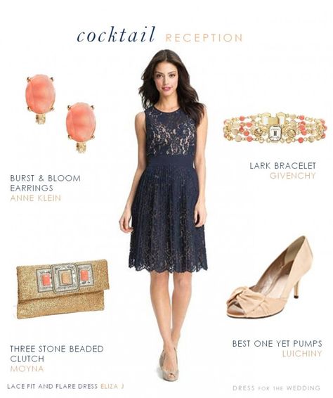 Navy Lace Dress for a wedding guest shown with gold and coral accessories Navy Dress Accessories, Navy Wedding Dress, Navy Blue Cocktail Dress, Navy Lace Dress, Color Shoes, Marine Uniform, Dress For Wedding, Grunge Dress, Blue Wedding Dresses