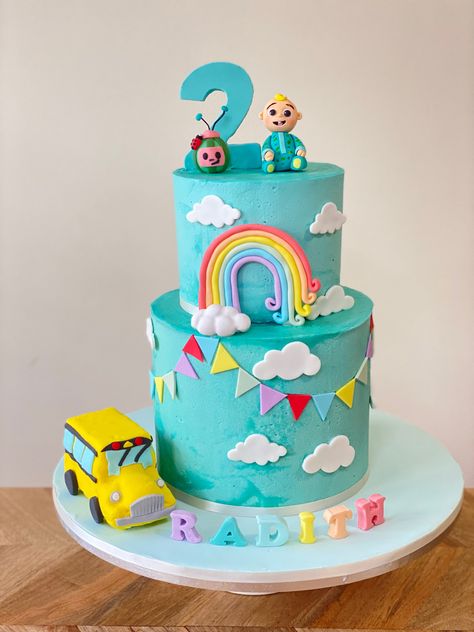 Cocomelon Buttercream Cake Ideas, Buttercream Cocomelon Cake, 2 Tier Cocomelon Themed Cake, Cocomelon Cream Cake, 1st Birthday Cake Boy Without Fondant, Cocomelon Cake Ideas For Boy, Simple Cocomelon Cake, Baby Birthday Cake Recipe, Cocomelon Birthday Cake Boy