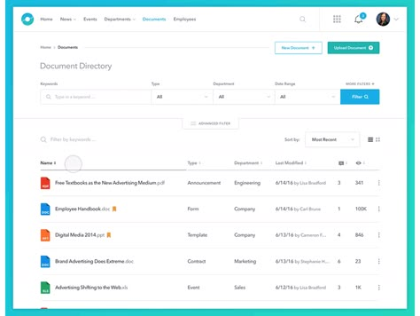 Here is a prototype of the documents page for the enterprise collaboration tool.  The idea was to simplify the document management page by hiding the advanced filter (which isn’t shown here) on def... Web Application Ui, Search Ui, Document Management System, Ui Website, Web Dashboard, Document Management, File Management, App Interface Design, Desktop Design