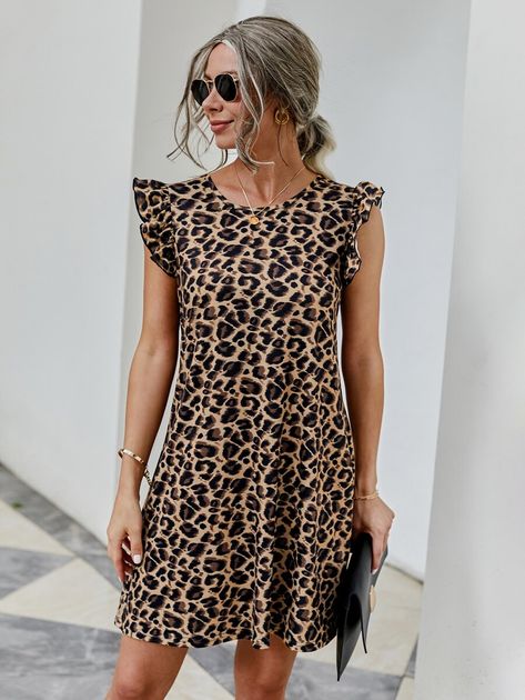 Vestido Animal Print, Animal Print Dress Casual, Animal Print Dresses, Shein Style, Women Dresses, Dream Dress, Ruffle Trim, Dress P, Tunic Dress