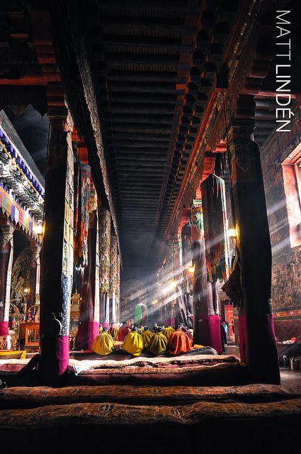 Morning Prayers - Sakya by Matt Lindén on Flickr | Sakya Monastery, Tibet. Here, the monks perform morning rituals inside the impressive main hall, as light pours in from the high windows Sakya Monastery, Harry Styles Imagine, Tibet Travel, Monte Everest, Travel Honeymoon, Buddhist Monk, Destination Voyage, Lhasa, Tibetan Buddhism