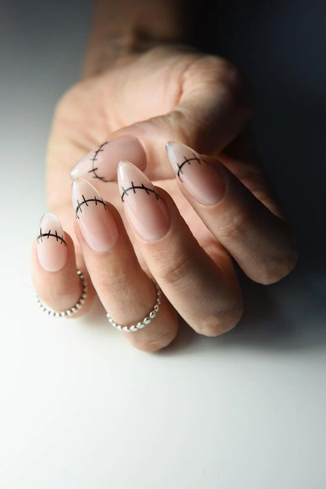 MINIMALIST HALLOWEEN Nail Art, Cute French Simple Manicure. Stitches, Nude Nail, Gift for Halloween, Ideas, Long Stiletto Claws, Fall Autumn - Etsy Sweden Neutral Halloween Nails, Simple Manicure, Nail Art Cute, Minimalist Halloween, Long Stiletto, Nude Nail, Stiletto Nails Designs, Halloween Nail, Halloween Nail Art