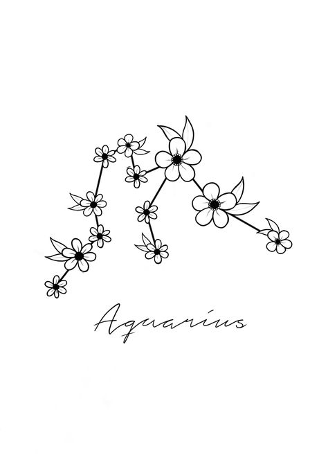 Aquarius constellation with a wild flower twist. Astrology Aquarius Tattoo, Aquarius Flower Constellation Tattoo, Aquarius Word Tattoo, Aquarius Tattoo Flower, Aquarius Wave Tattoo, Aquarius Star Constellation Tattoo, Aquarius Tattoo Constellation, Tattoo Ideas Aquarius, Aquarius Flower Tattoo