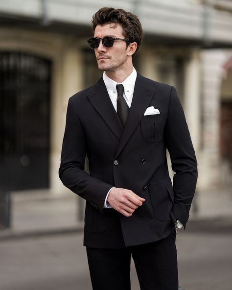 Add a modern edge to your wardrobe with our Black Double-Breasted Suit 2-Piece. The double-breasted design gives a contemporary twist to traditional formalwear, while the black color keeps it sleek and versatile. Perfect for fashion-forward gentlemen who want to make a statement with their style.

#doublebreasted #blacksuit #suit #suits #slimfit #menstyle #menfashion #fashioninspo #tuxedo Mens Full Black Suit, Double Breasted Suit Men Classy, Black Suit With Black Shirt, Black Blazer Outfit Men, Mens Double Breasted Suit, Full Black Suit, Double Breasted Blazer Men, Boyfriend Fits, Mens Suit Colors