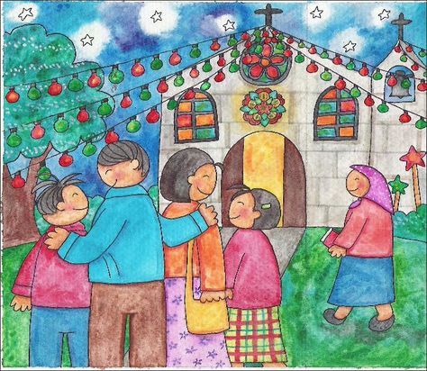 Surviving Christmas in the Philippines 2 - Filipino Culture by The ... Simbang Gabi Art, Filipino Christmas Traditions, Filipino Values Drawing, Filipino Culture Painting, Filipino Values Poster, Simbang Gabi Christmas Philippines, Paskong Pinoy Christmas Decorations, Filipino Culture Poster, Philippine Culture Art