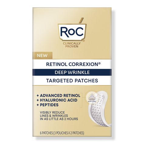 Retinol Correxion Deep Wrinkle Targeted Patches - RET COREX DEP WRKL TARGETED PATCHES 6CTBenefitsWrinkle-smoothing patches made with America's #1 Most-Awarded RetinolEach patch contains 80 self dissolving micro-cones to target wrinkles at the sourcePowered by potent ingredients including Retinol, Hyaluronic Acid & PeptidesSee results in as little as one use and over time97% had visibly reduced wrinkles in as little as 2 hoursFeaturesNon-invasiveDermatologist testedFragrance FreeParaben FreePhtha Roc Retinol Correxion, Roc Retinol, Anti Aging Skincare Routine, Wrinkle Remedies, Green Tea Face, Laugh Lines, Forehead Wrinkles, Face Wrinkles, Deep Wrinkles