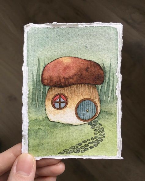 Watercolor Art Cottagecore, Mushroom House Watercolor, Watercolor Art Mushrooms, Indie Watercolor Art, Cottagecore Watercolor Painting, Cottagecore Painting Easy, Mushroom Watercolor Paintings, Watercolor Paintings Aesthetic, Aesthetic Watercolor Art Ideas